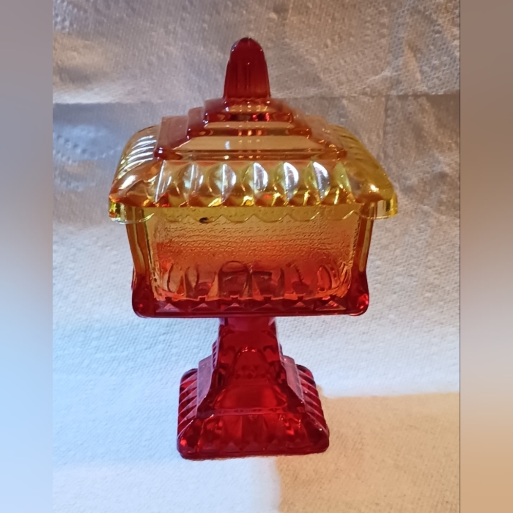 Vintage Jeannette Amberina Glass Square Pedestal Candy Dish-Wedding Cake Box